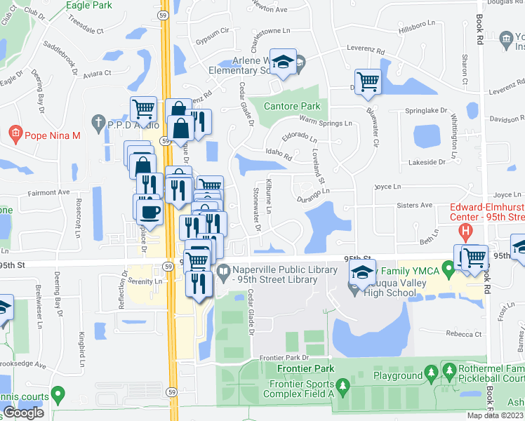 map of restaurants, bars, coffee shops, grocery stores, and more near 2908 Stonewater Drive in Naperville