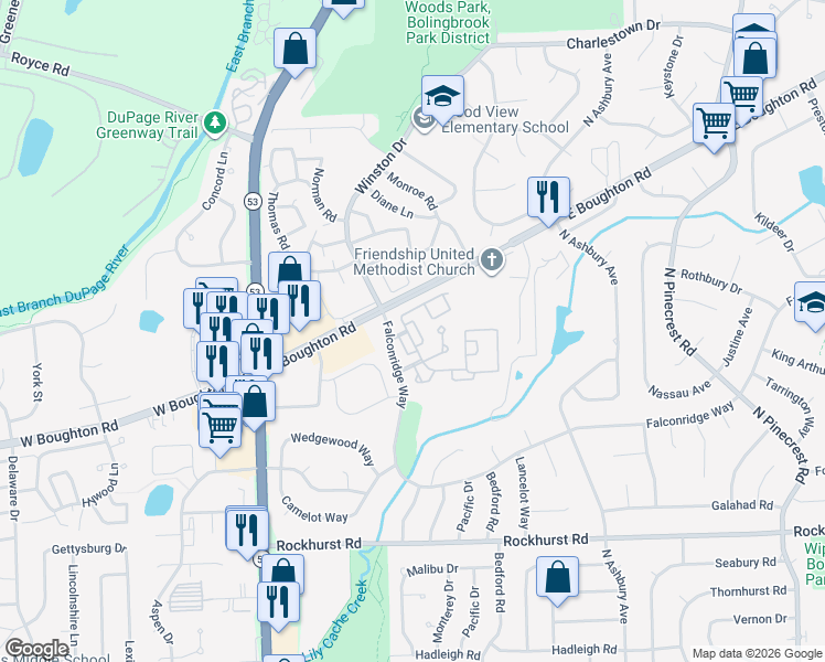 map of restaurants, bars, coffee shops, grocery stores, and more near 455 Wright Court in Bolingbrook
