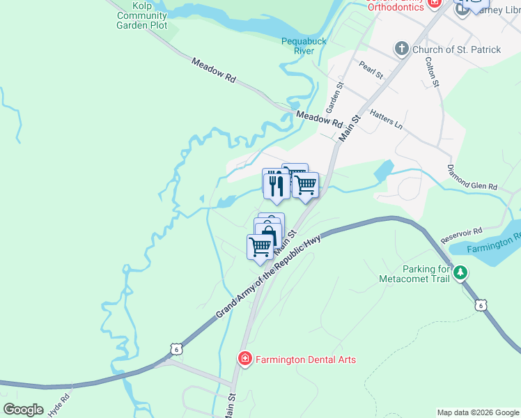 map of restaurants, bars, coffee shops, grocery stores, and more near 140 Wellington Drive in Farmington