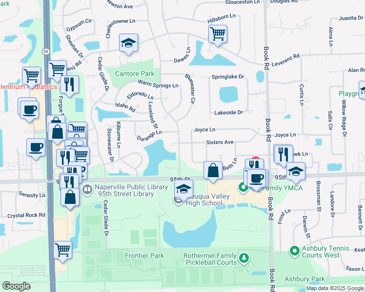 map of restaurants, bars, coffee shops, grocery stores, and more near 2904 Skylane Drive in Naperville