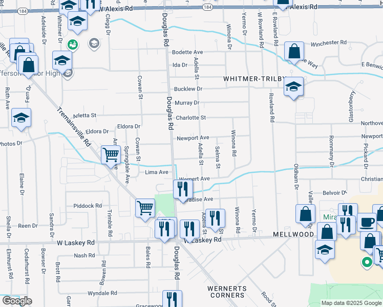 map of restaurants, bars, coffee shops, grocery stores, and more near in Toledo