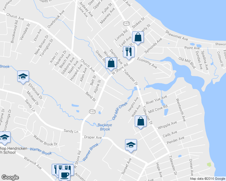 map of restaurants, bars, coffee shops, grocery stores, and more near 43 La Rochelle Avenue in Warwick