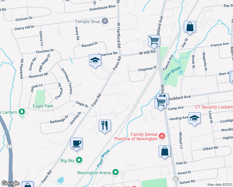 map of restaurants, bars, coffee shops, grocery stores, and more near 18 Dacosta Drive in Newington