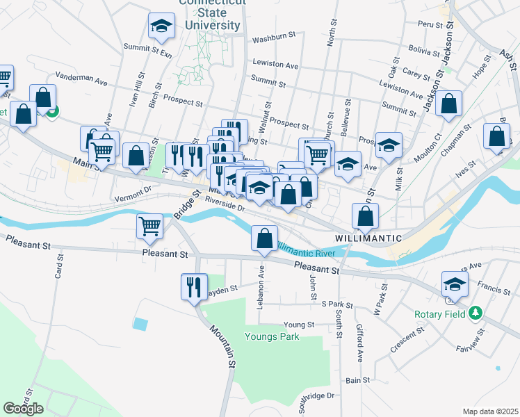 map of restaurants, bars, coffee shops, grocery stores, and more near 820 Main Street in Windham