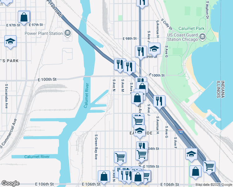 map of restaurants, bars, coffee shops, grocery stores, and more near 10063 South Avenue North in Chicago