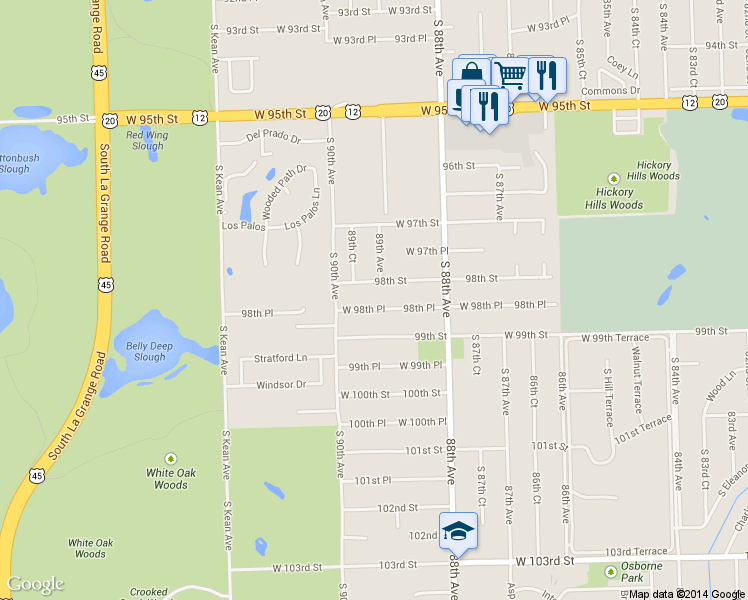 map of restaurants, bars, coffee shops, grocery stores, and more near 8898 West 98th Place in Palos Hills