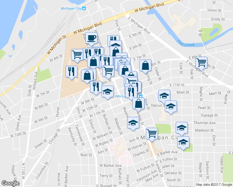 map of restaurants, bars, coffee shops, grocery stores, and more near 907 Washington Street in Michigan City
