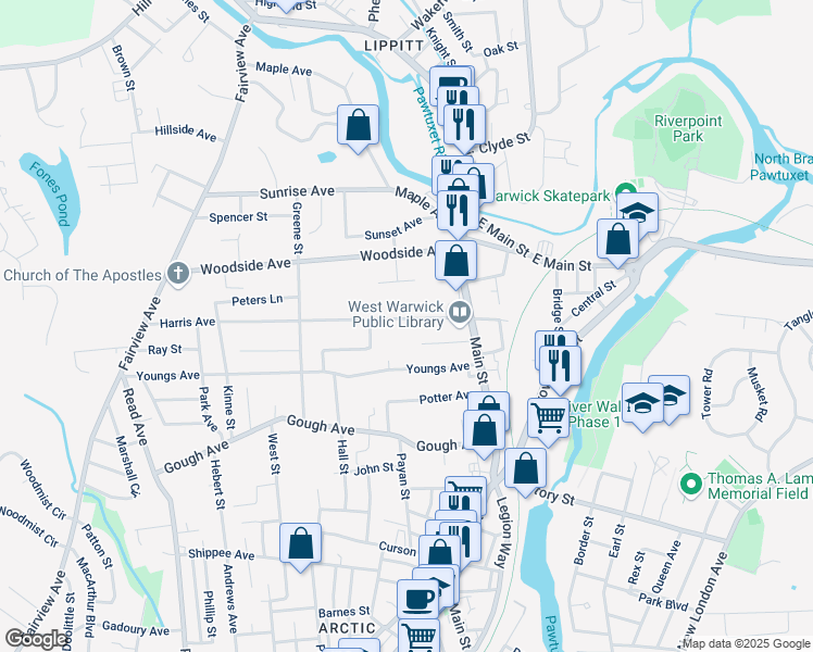 map of restaurants, bars, coffee shops, grocery stores, and more near 28 Harris Ave in West Warwick