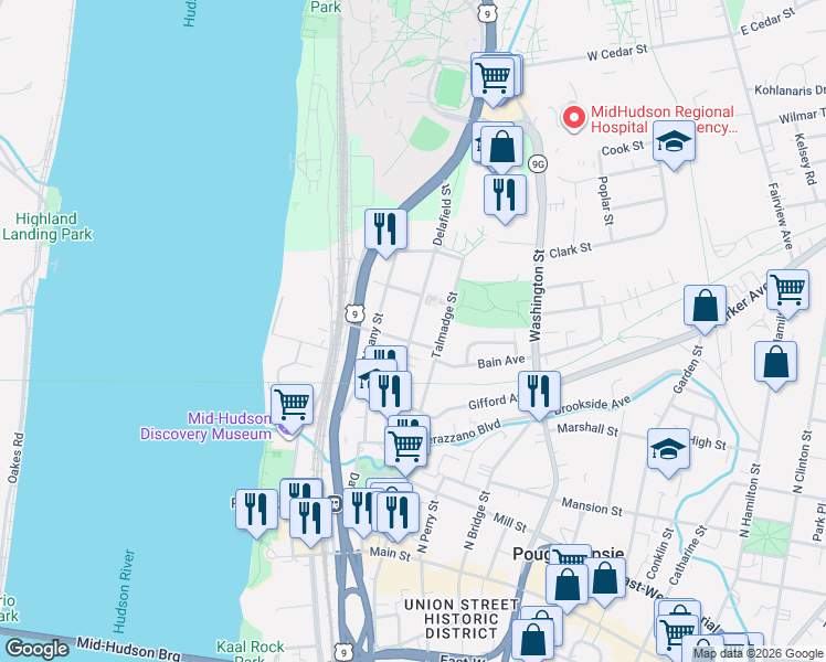 map of restaurants, bars, coffee shops, grocery stores, and more near 55 Delafield Street in Poughkeepsie
