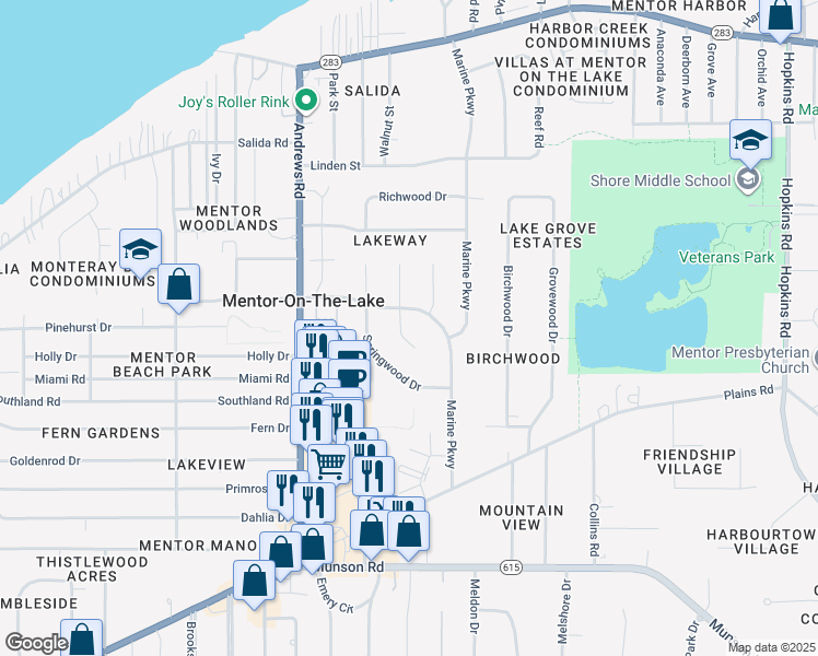 map of restaurants, bars, coffee shops, grocery stores, and more near 5849 Sequoia Court in Mentor-on-the-Lake