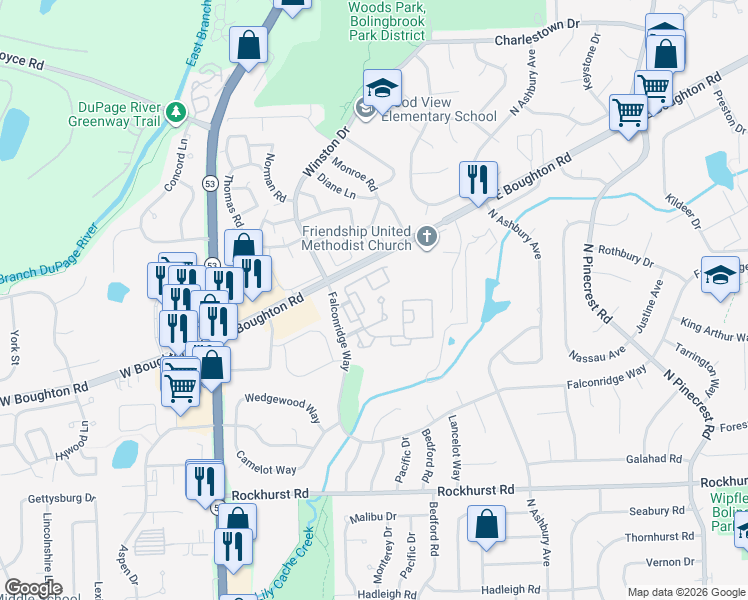 map of restaurants, bars, coffee shops, grocery stores, and more near 455 Wright Court in Bolingbrook