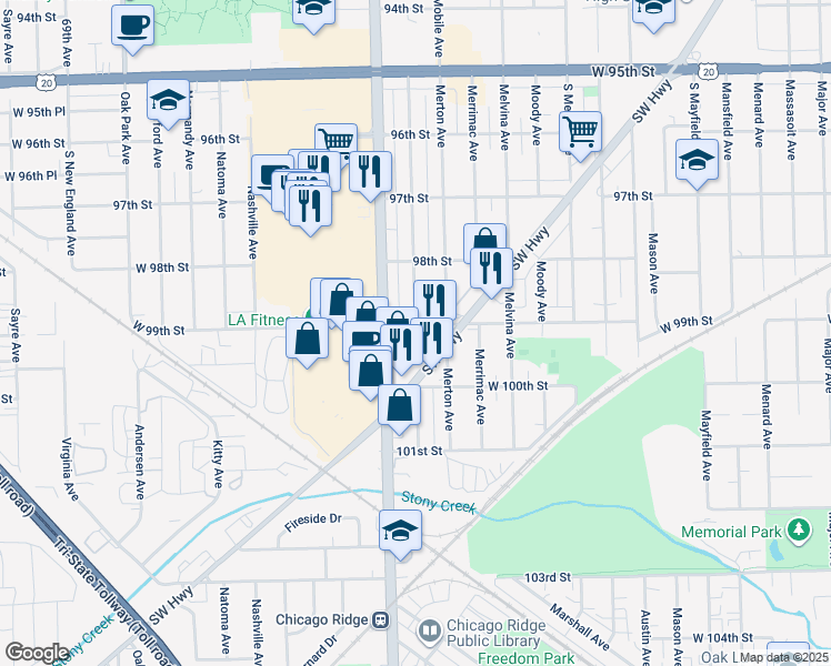 map of restaurants, bars, coffee shops, grocery stores, and more near 6321 West 99th Street in Oak Lawn