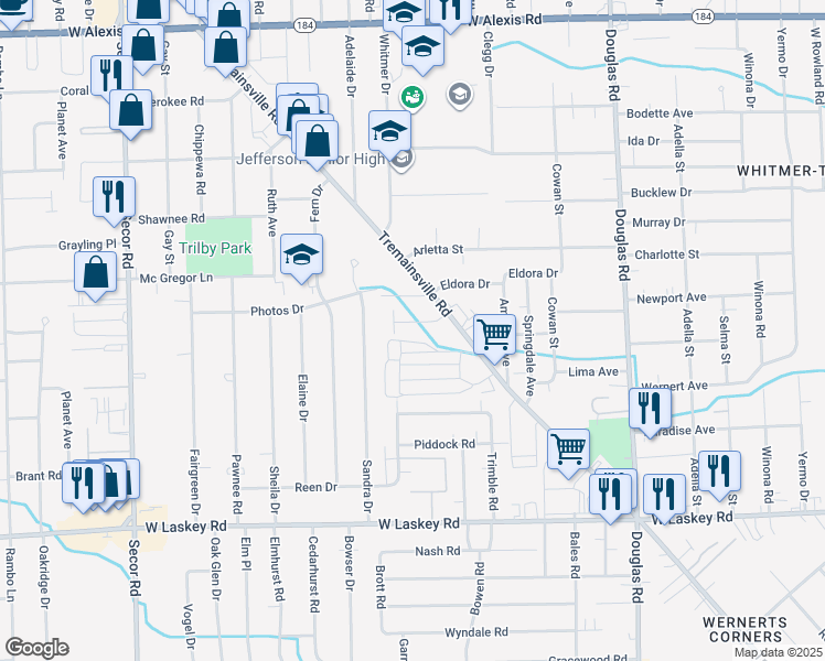 map of restaurants, bars, coffee shops, grocery stores, and more near 2835 Breezeway Dr in Toledo