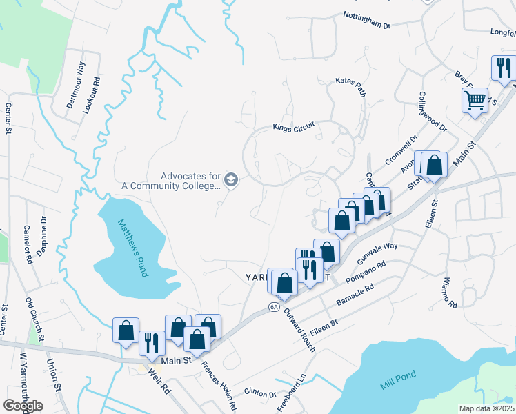 map of restaurants, bars, coffee shops, grocery stores, and more near 50 Wildflower Lane in Yarmouth