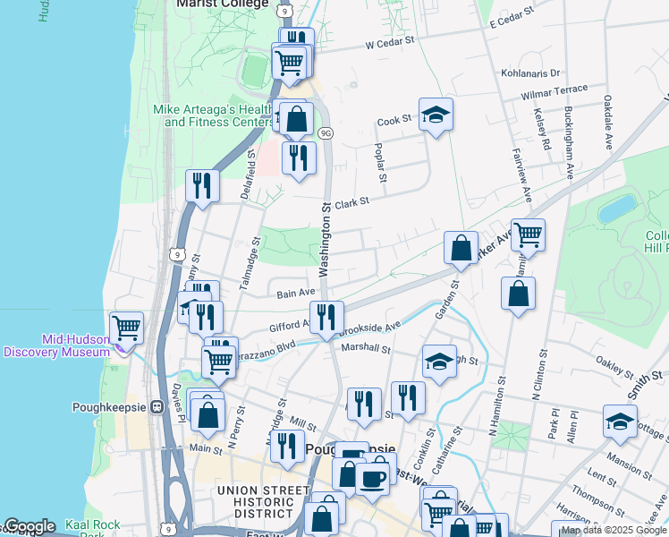 map of restaurants, bars, coffee shops, grocery stores, and more near 145 Washington Street in Poughkeepsie