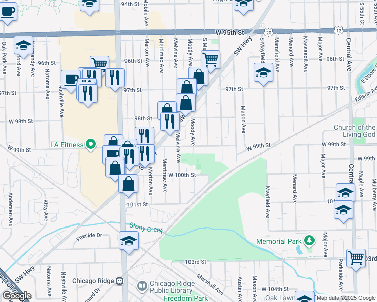 map of restaurants, bars, coffee shops, grocery stores, and more near 6137 W 99th St in Oak Lawn