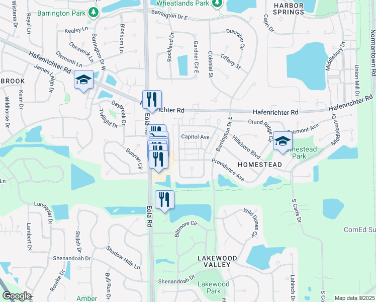 map of restaurants, bars, coffee shops, grocery stores, and more near 2527 Congress Avenue in Aurora