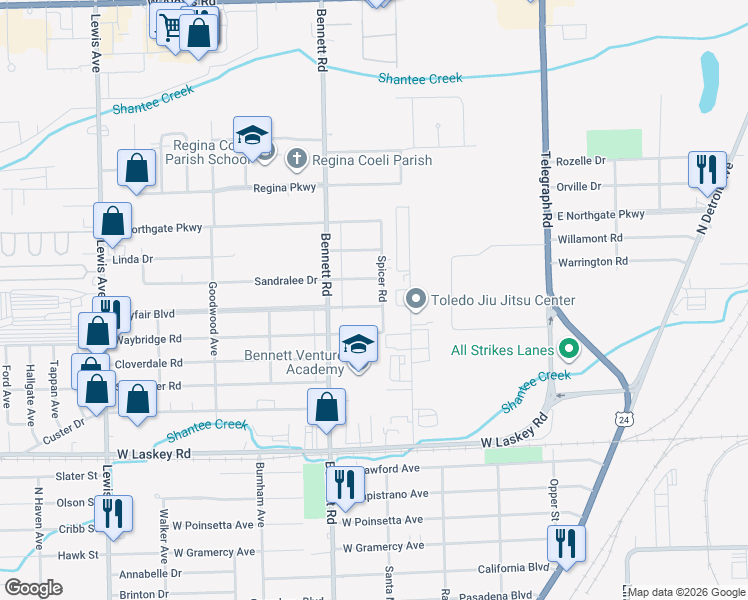 map of restaurants, bars, coffee shops, grocery stores, and more near 406 Mayfair Boulevard in Toledo