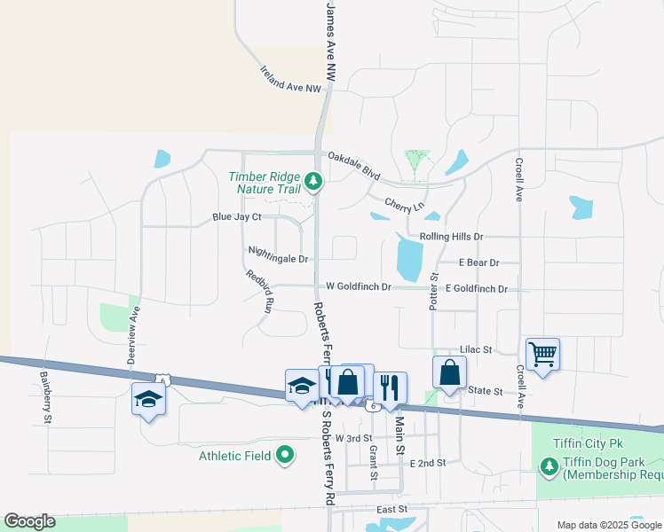 map of restaurants, bars, coffee shops, grocery stores, and more near 610 Roberts Ferry Road in Tiffin