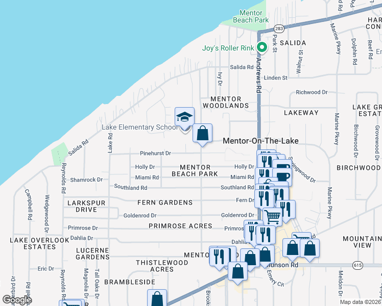 map of restaurants, bars, coffee shops, grocery stores, and more near 7626 Pinehurst Drive in Mentor-on-the-Lake