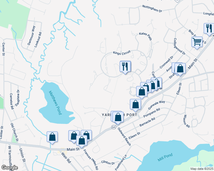 map of restaurants, bars, coffee shops, grocery stores, and more near 50 Wildflower Lane in Yarmouth