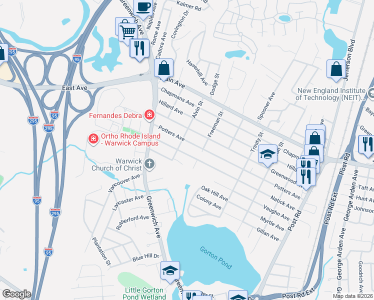 map of restaurants, bars, coffee shops, grocery stores, and more near 310 Natick Avenue in Warwick