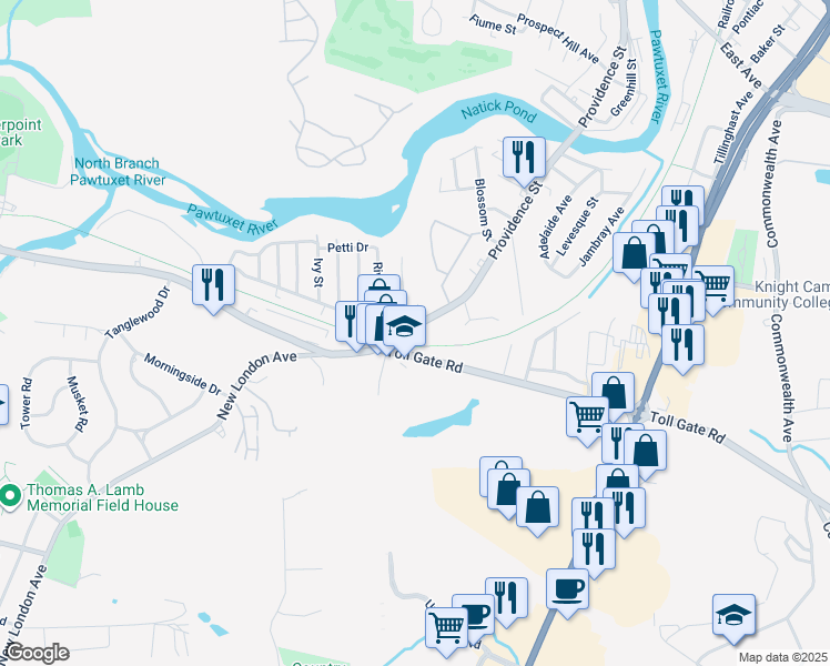 map of restaurants, bars, coffee shops, grocery stores, and more near 1099 Toll Gate Road in Warwick