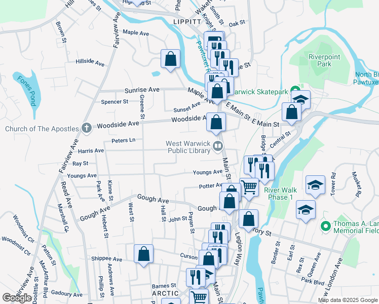 map of restaurants, bars, coffee shops, grocery stores, and more near 28 Harris Avenue in West Warwick