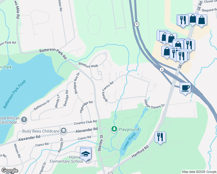 map of restaurants, bars, coffee shops, grocery stores, and more near 247 Brittany Farms Road in New Britain