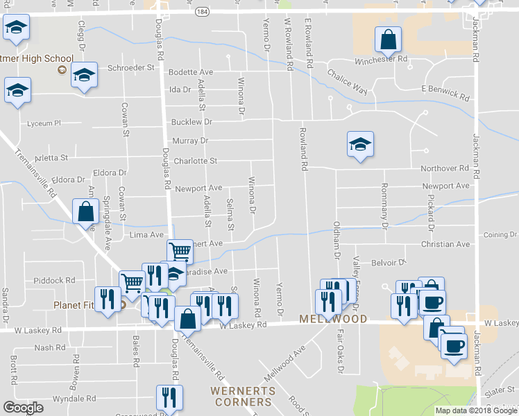 map of restaurants, bars, coffee shops, grocery stores, and more near 5310 Winona Drive in Toledo