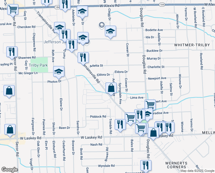 map of restaurants, bars, coffee shops, grocery stores, and more near 2748 Tremainsville Road in Toledo