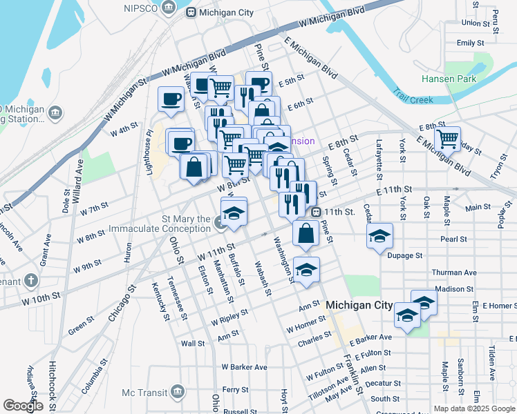 map of restaurants, bars, coffee shops, grocery stores, and more near 907 Washington Street in Michigan City