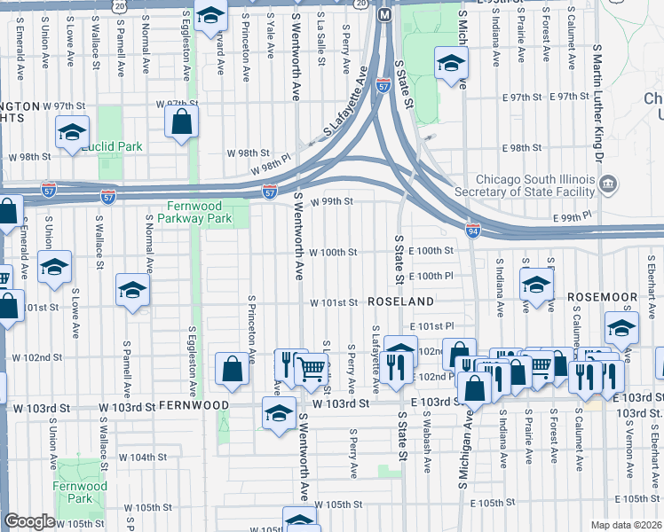 map of restaurants, bars, coffee shops, grocery stores, and more near 10021 South La Salle Street in Chicago