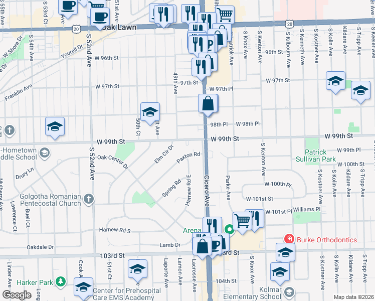 map of restaurants, bars, coffee shops, grocery stores, and more near 4826 Paxton Road in Oak Lawn