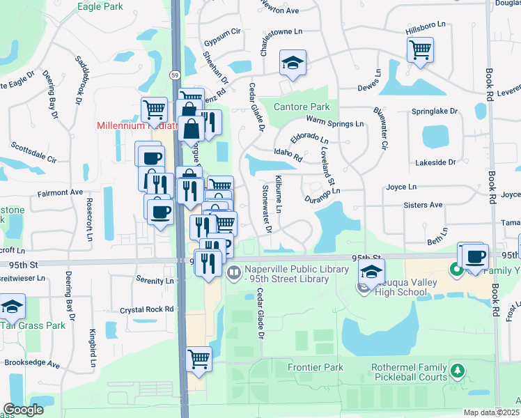 map of restaurants, bars, coffee shops, grocery stores, and more near 2906 Cedar Glade Drive in Naperville