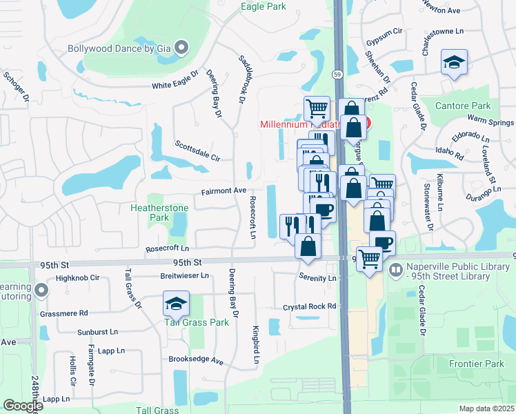 map of restaurants, bars, coffee shops, grocery stores, and more near 3323 Rosecroft Lane in Naperville