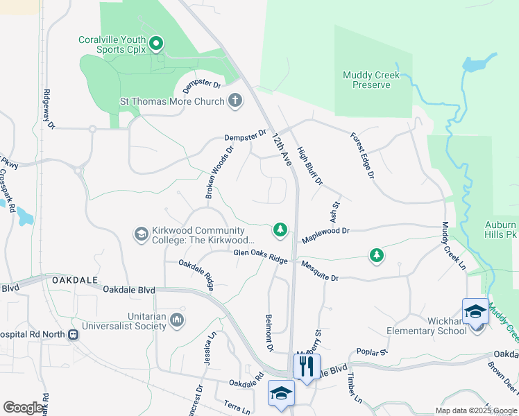 map of restaurants, bars, coffee shops, grocery stores, and more near 2018 Diamond Mil Circle in Coralville