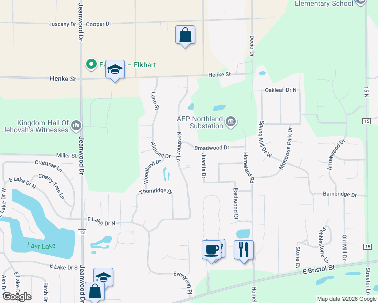 map of restaurants, bars, coffee shops, grocery stores, and more near 23528 Broadwood Drive in Elkhart