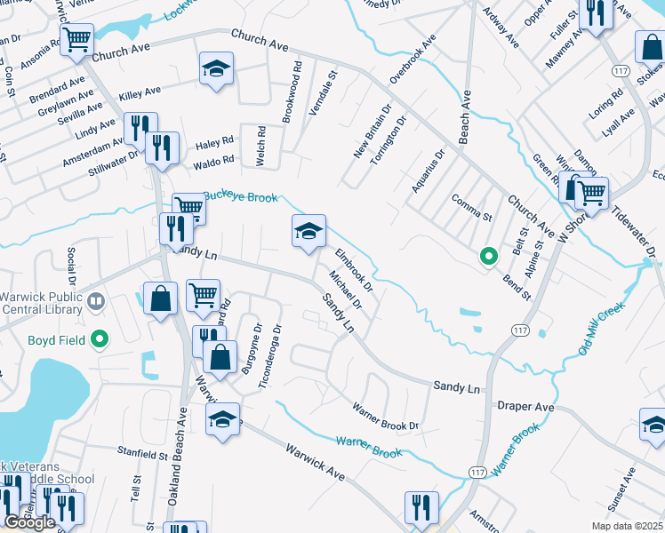 map of restaurants, bars, coffee shops, grocery stores, and more near 93 Michael Drive in Warwick