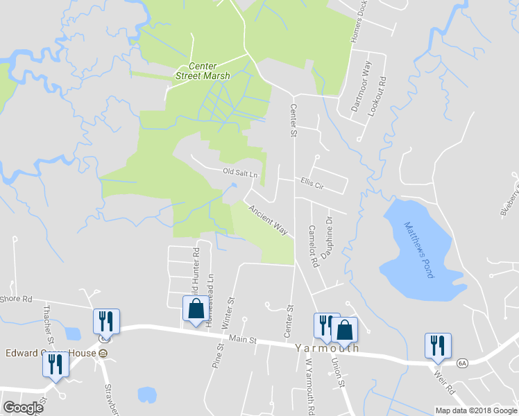 map of restaurants, bars, coffee shops, grocery stores, and more near 38 Ancient Way in Yarmouth