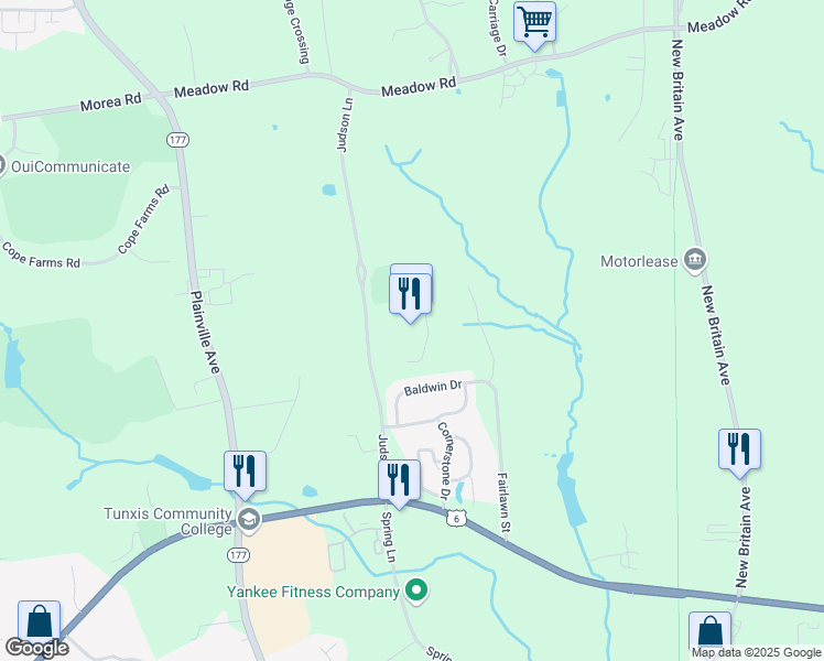 map of restaurants, bars, coffee shops, grocery stores, and more near 50 Judson Lane in Farmington