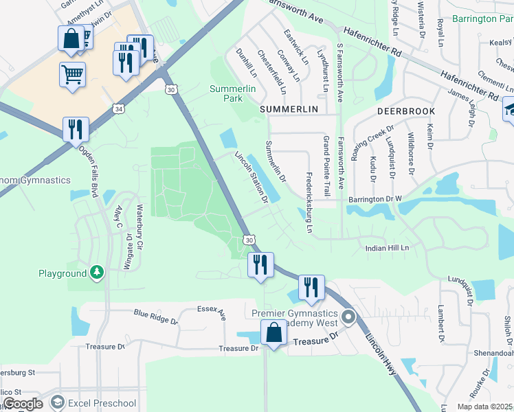 map of restaurants, bars, coffee shops, grocery stores, and more near 598 Lincoln Station Drive in Oswego