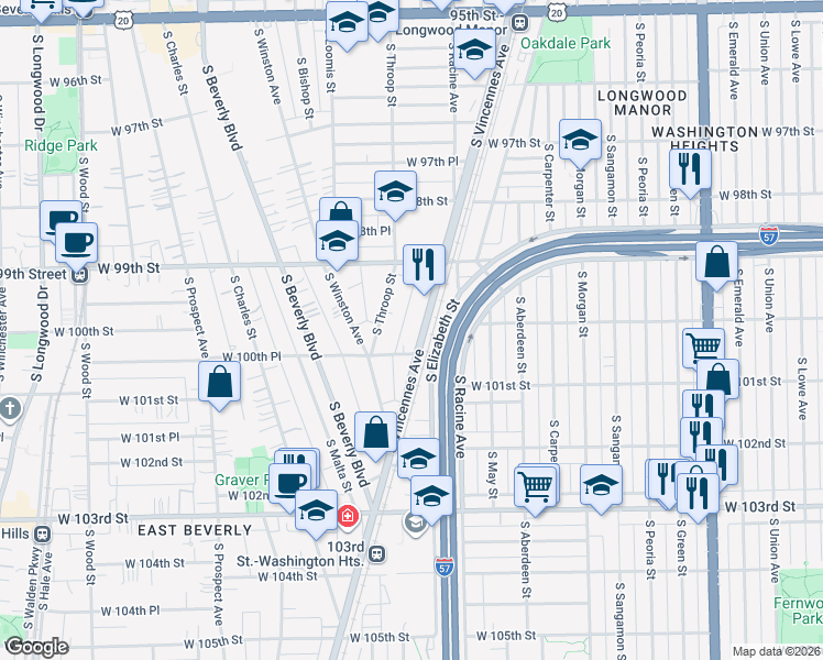 map of restaurants, bars, coffee shops, grocery stores, and more near 9970 South Vincennes Avenue in Chicago