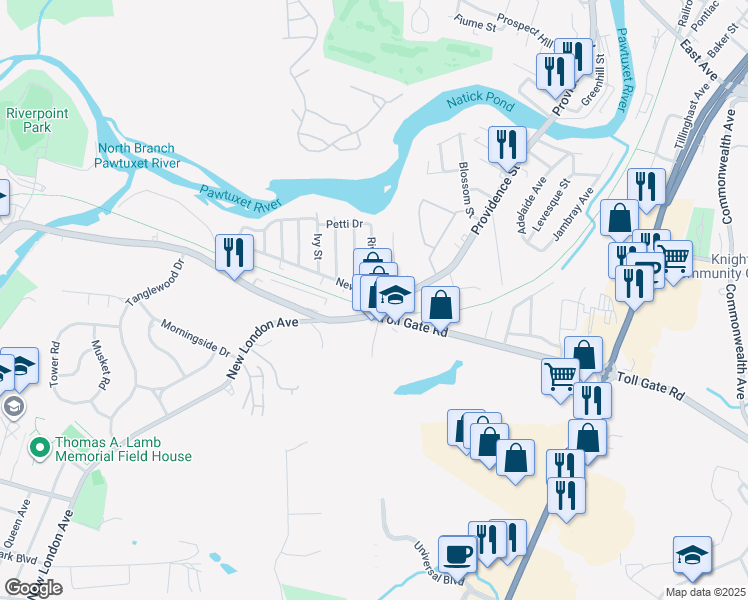 map of restaurants, bars, coffee shops, grocery stores, and more near 400 Providence Street in West Warwick