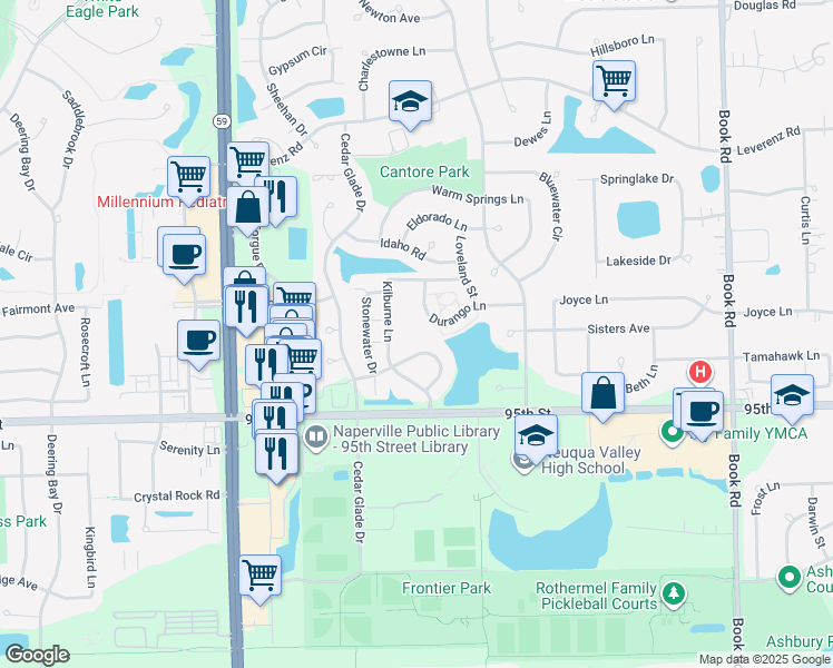 map of restaurants, bars, coffee shops, grocery stores, and more near 205 Saint Albans Circle in Naperville