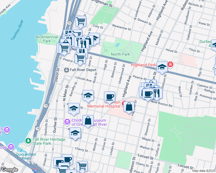 map of restaurants, bars, coffee shops, grocery stores, and more near 222 Belmont Street in Fall River