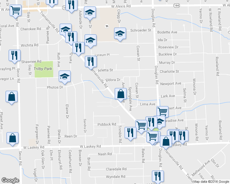map of restaurants, bars, coffee shops, grocery stores, and more near 2766 Tremainsville Road in Toledo