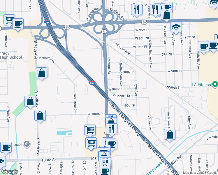 map of restaurants, bars, coffee shops, grocery stores, and more near 7152 99th Street in Chicago Ridge