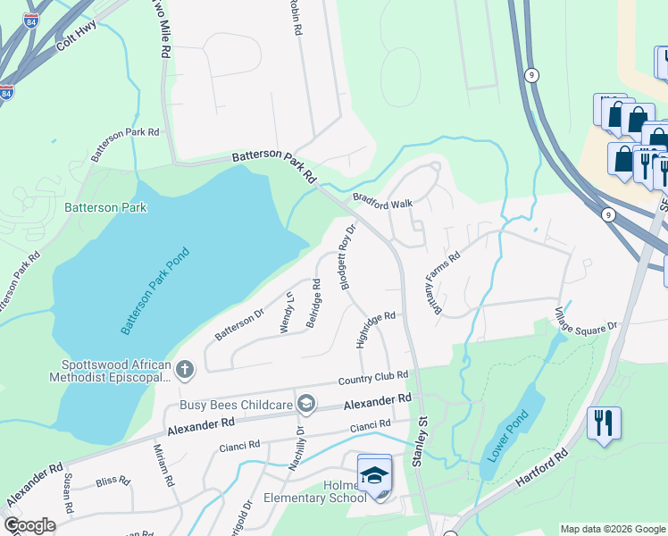 map of restaurants, bars, coffee shops, grocery stores, and more near 158 Blodgett Roy Drive in New Britain