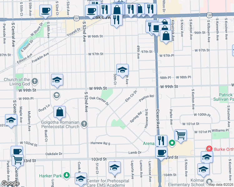 map of restaurants, bars, coffee shops, grocery stores, and more near 9917 Harnew Road West in Oak Lawn